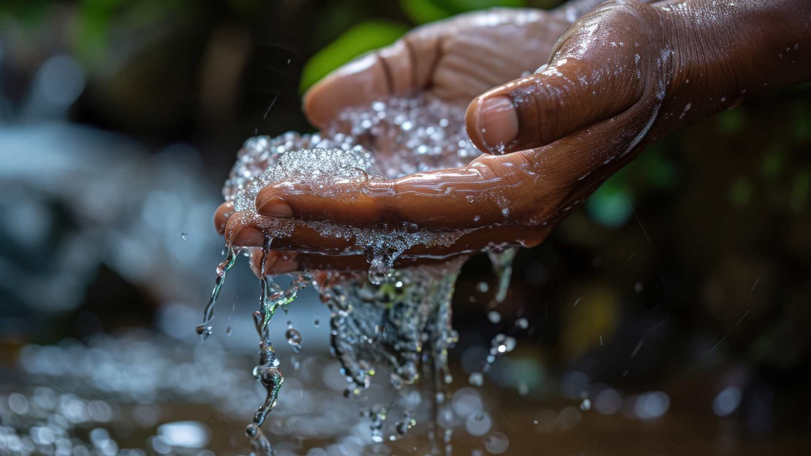 Mãos tocando na água