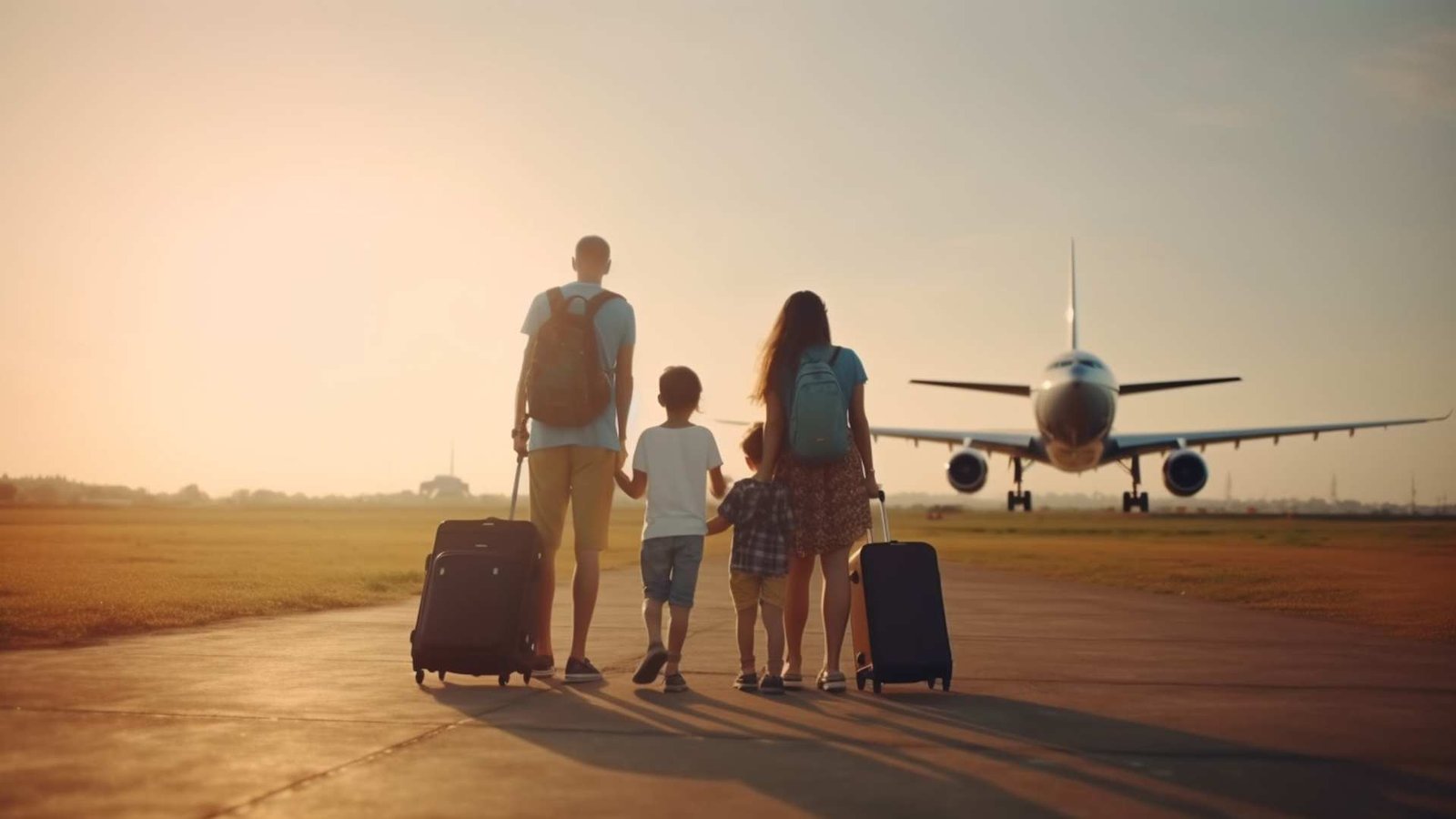 Uma família de quatro pessoas na frente de um avião