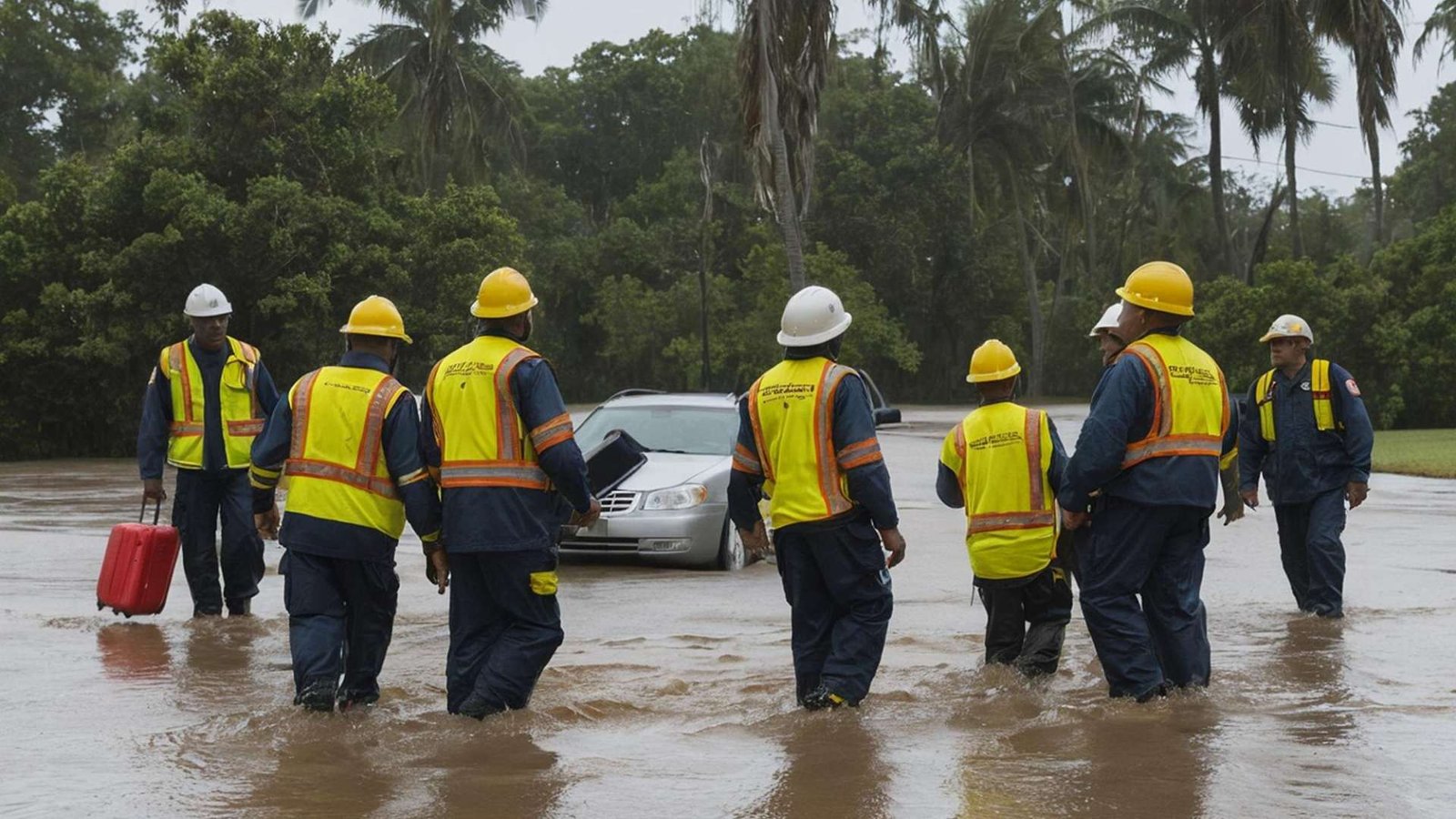 Um grupo de trabalhadores está a trabalhar numa área inundada