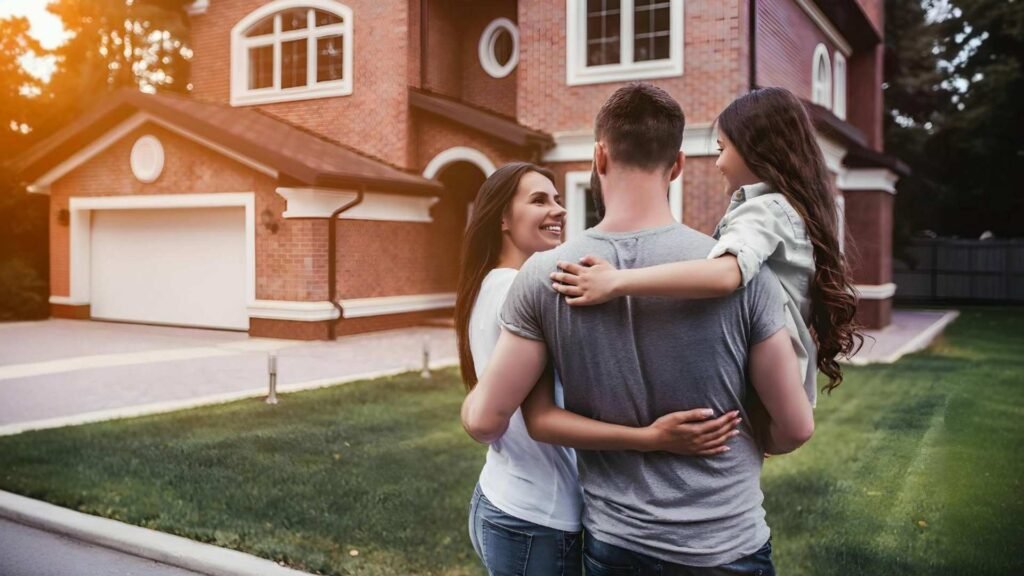 Família reunida em frente a residência