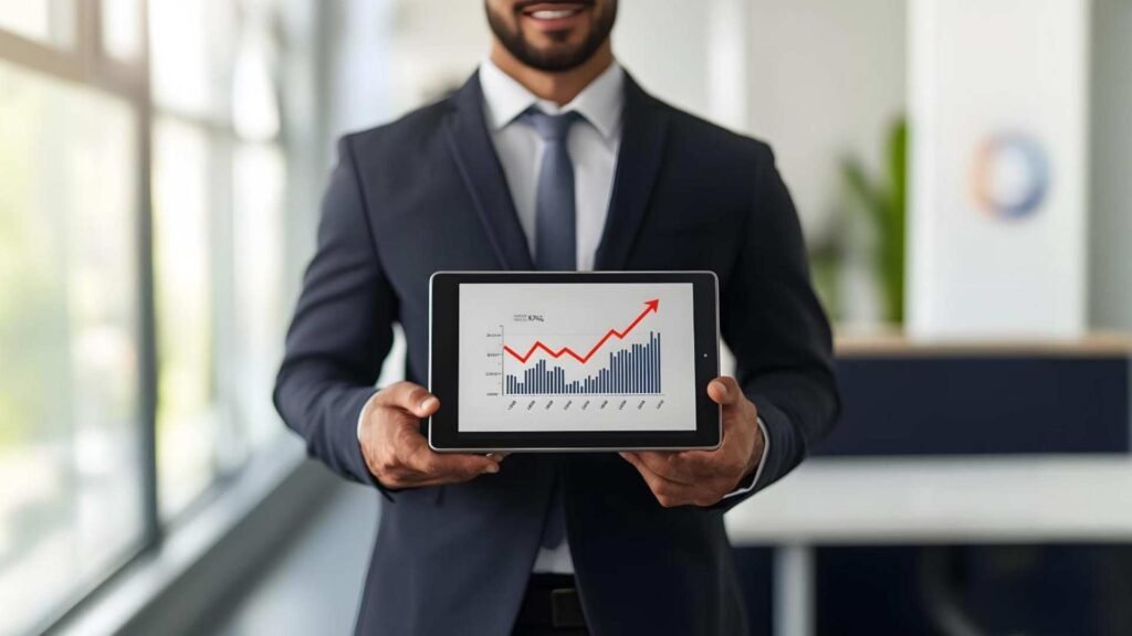 Empresário Mostra Tablet com Gráfico de Crescimento Financeiro