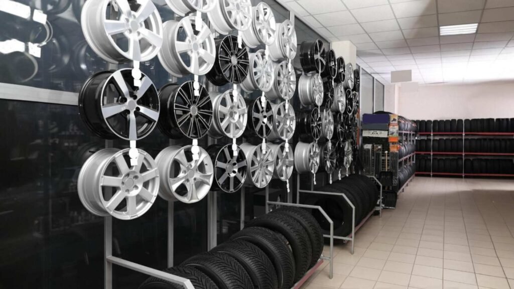 Pneus de carro e rodas de liga leve em rack na loja de automóveis