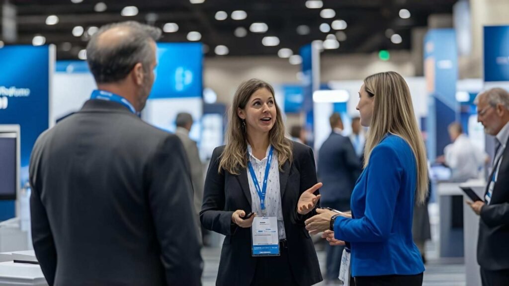 Profissionais empresariais em rede numa conferência