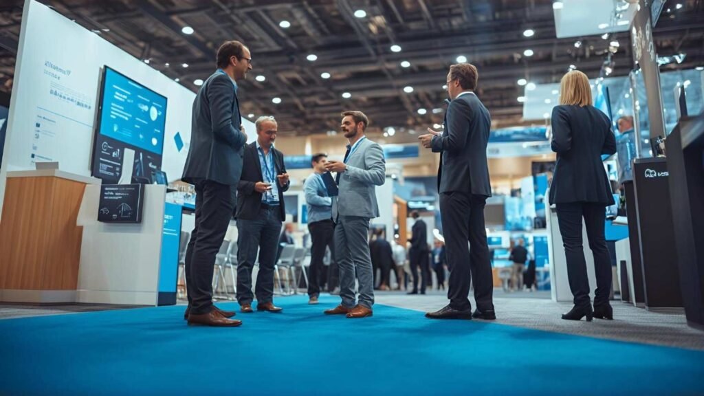 Profissionais empresariais em rede numa conferência ou exposição a discutir ideias e oportunidades