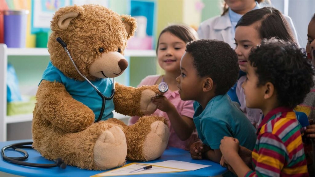 Um urso de pelúcia com um estetoscópio ao redor do pescoço