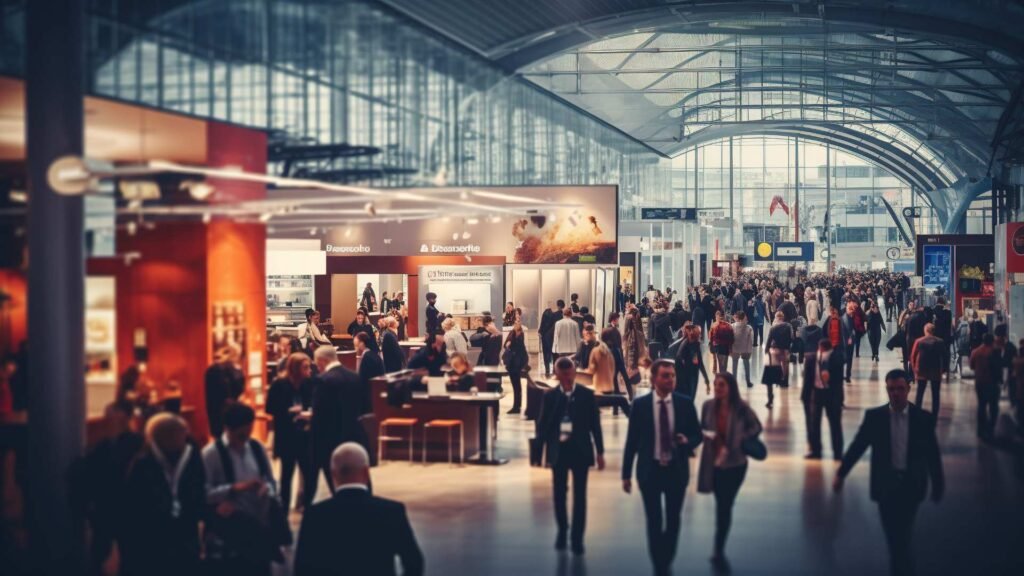 Feira comercial movimentada com um mar de estandes e empresários confusos