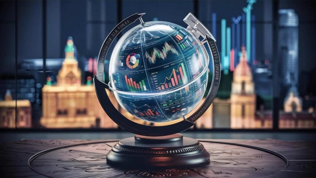 Globo de vidro com relatórios financeiros e gráficos