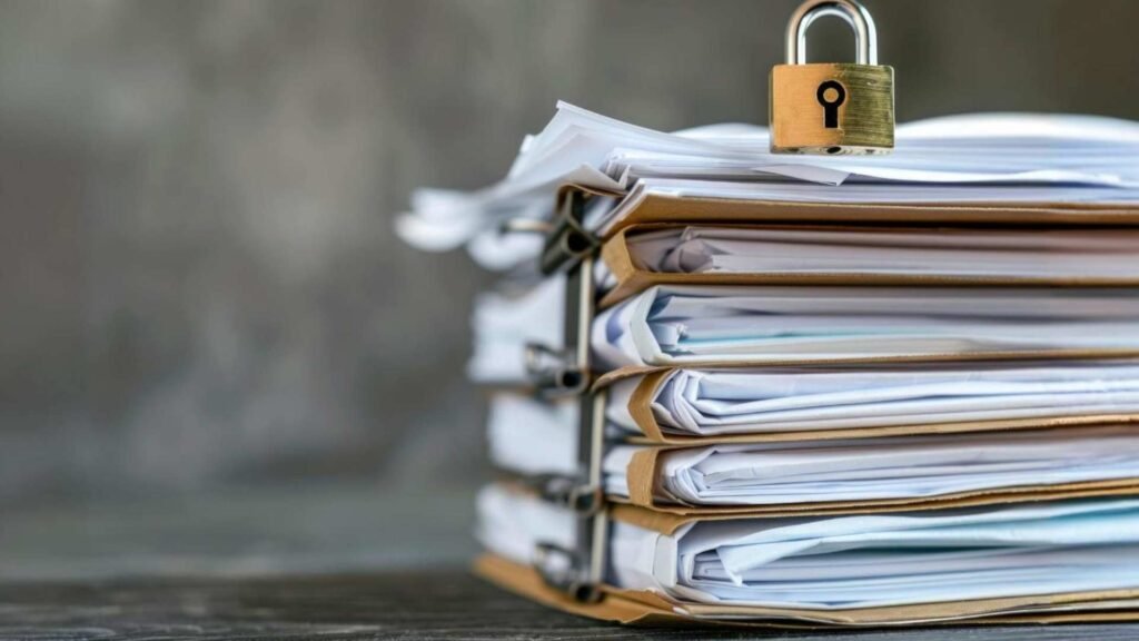 Pastas empilhadas com documentos fixados por um cadeado