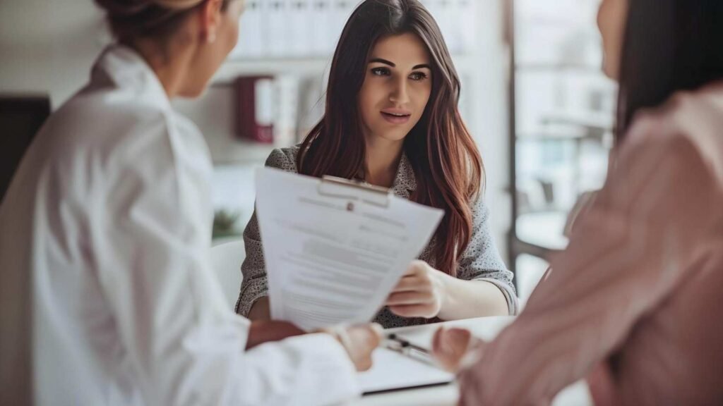 Uma mulher está sentada em uma mesa com uma mulher