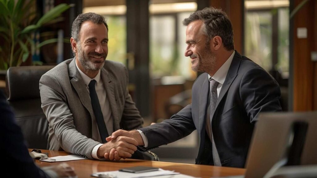 Dois homens apertando as mãos um dos quais está vestindo um terno